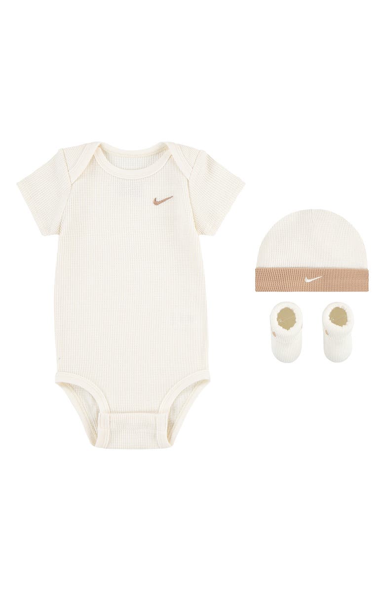 Nike Waffle Knit Bodysuit, Hat & Booties Boxes Set, Main, color, Pale Ivory