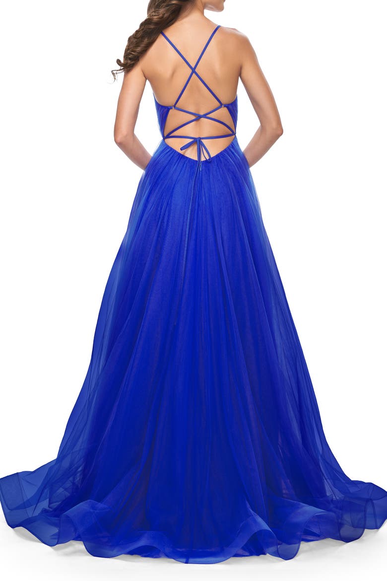 A-Line Prom Dress with Illusion Ruched Bodice, Alternate, color, Royal Blue