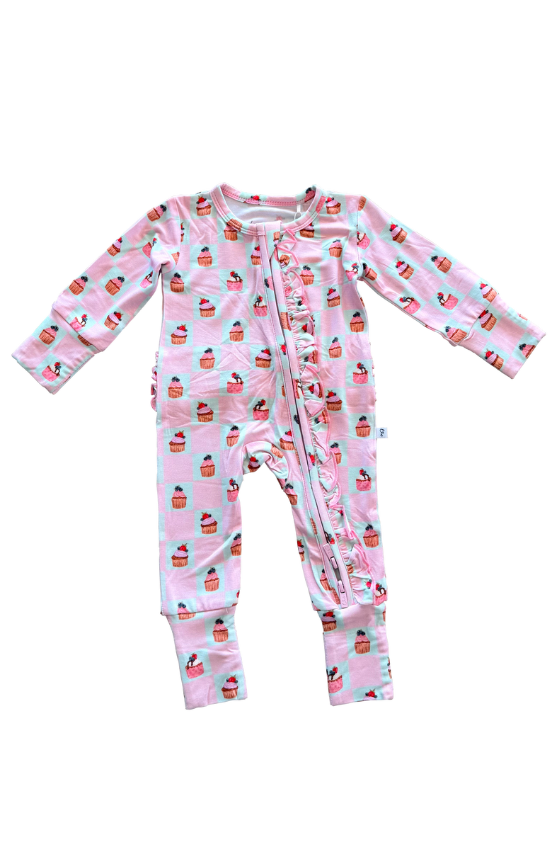 Laree + Co Lillian's Garden Cupcakes Ruffle Convertible Baby Footie, Main, color, Pink