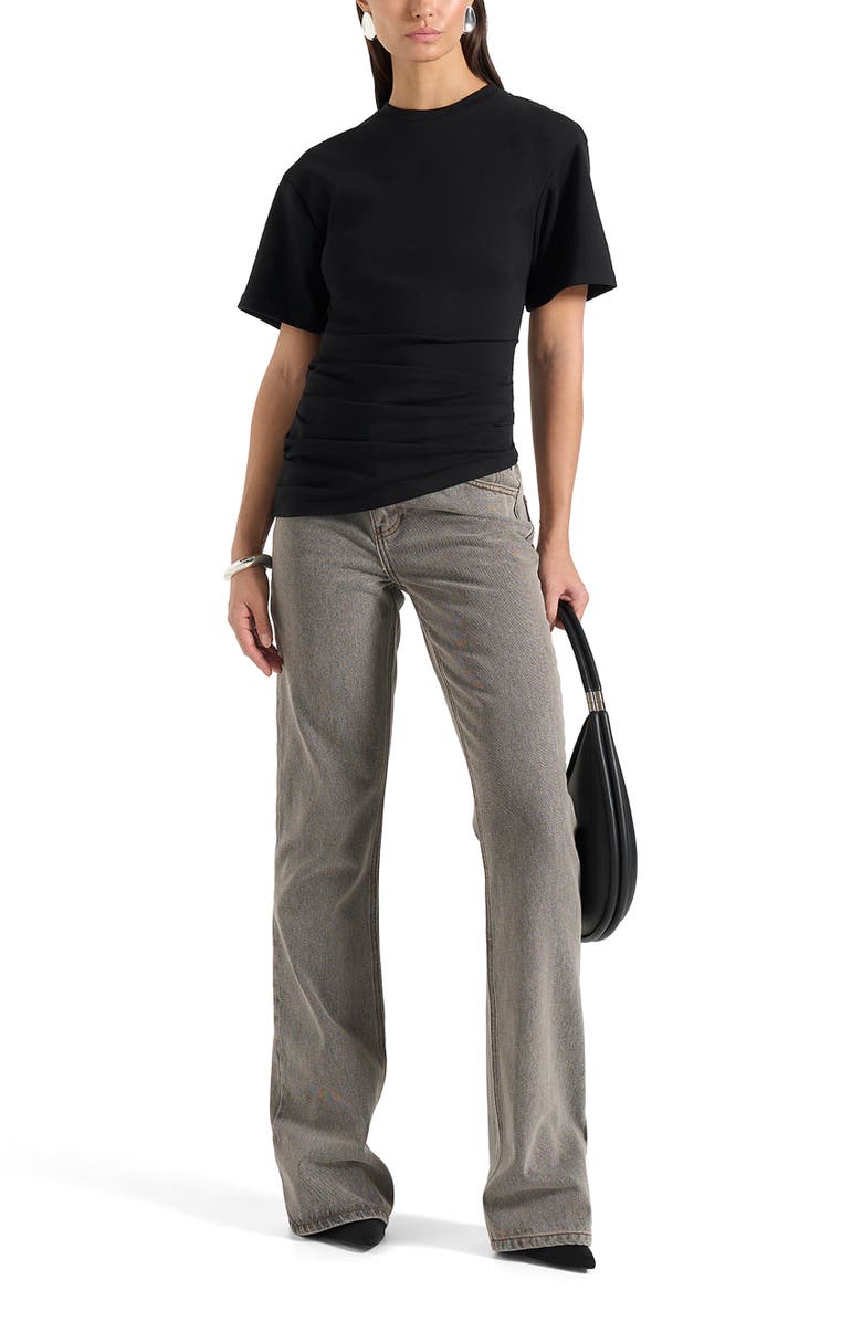 Manière De Voir Pauline Ruched Asymmetric Cotton T-Shirt, Main, color, Black
