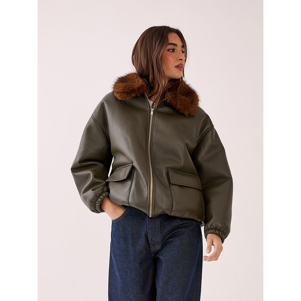 Nasty Gal Faux Fur Collar Bomber Jacket In Brown