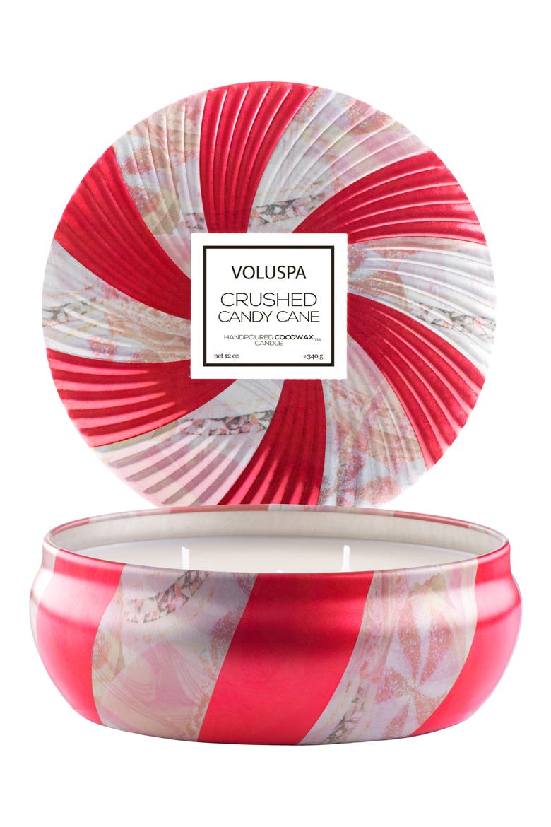 Crushed Candy Cane 3-Wick Decorative Tin Candle (Limited Edition), Main, color, RED & WHITE