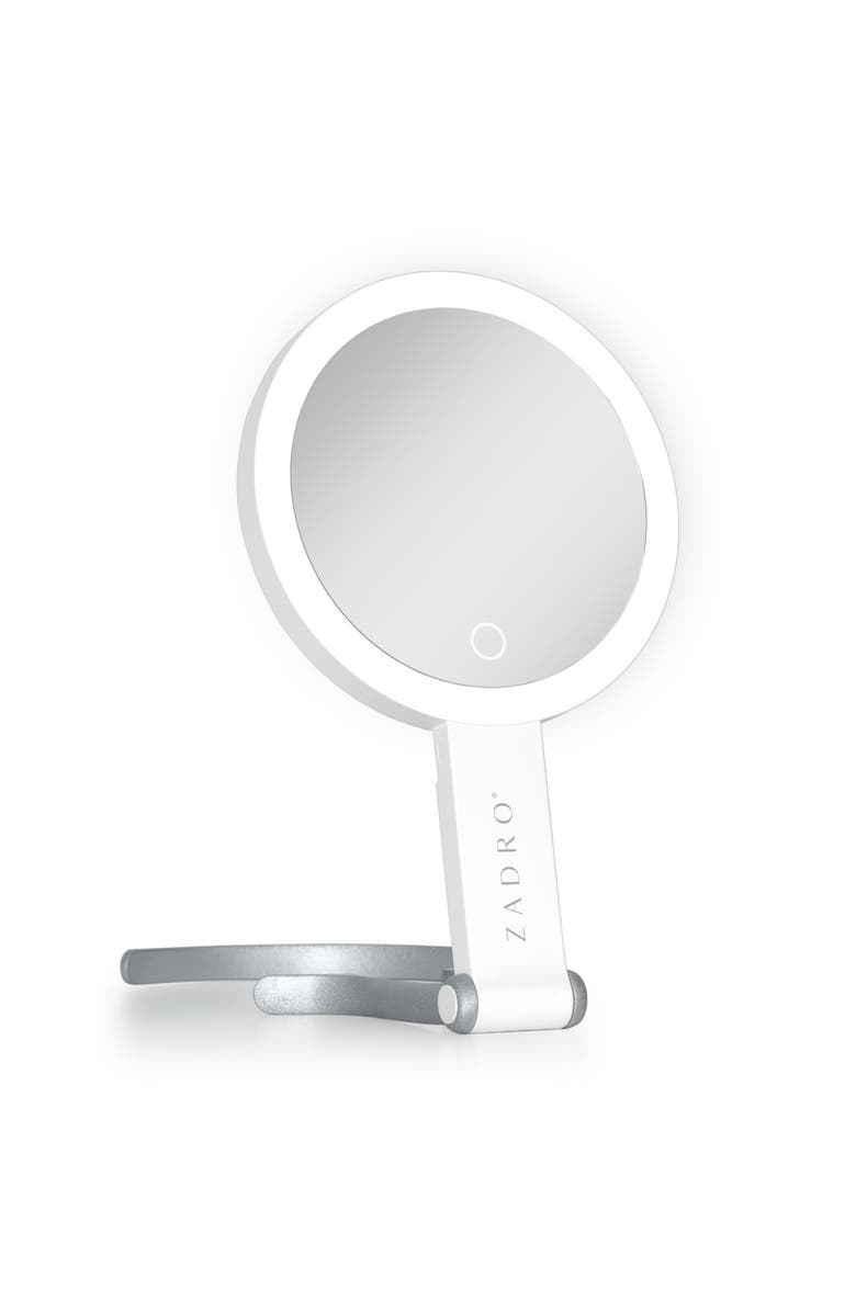 Zadro Multi-Position Lighted Travel Hand Mirror with 10X/1X Magnification, Main, color, White/Silver