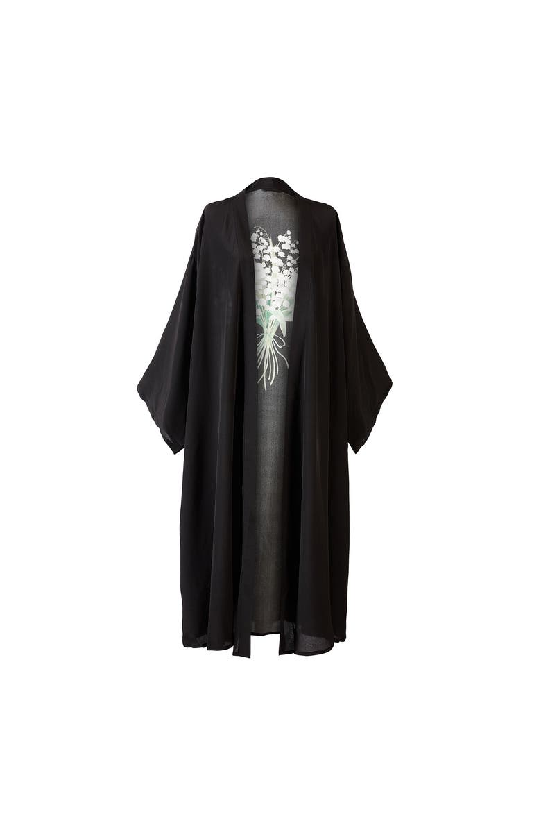 Silk&Soul Lily Of The Valley Silk Robe, Alternate, color, Black