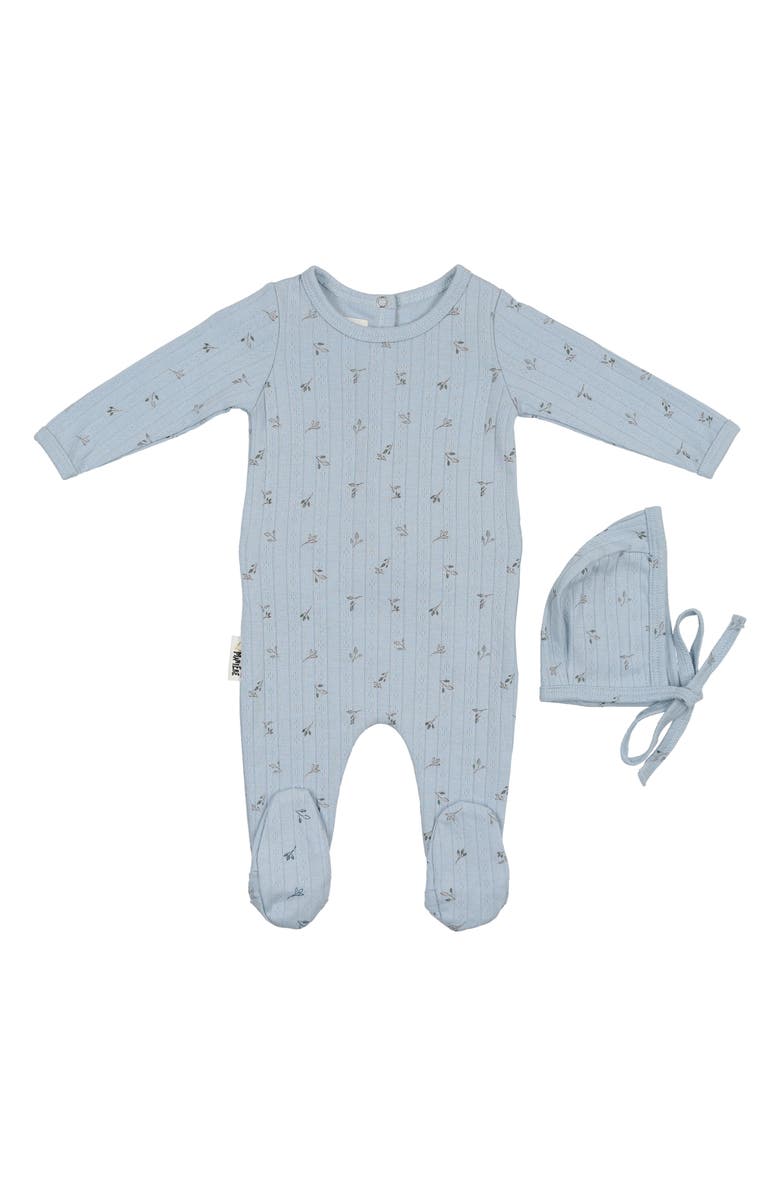 Manière Pointelle Leaves Footie & Hat Set, Main, color, Baby Blue