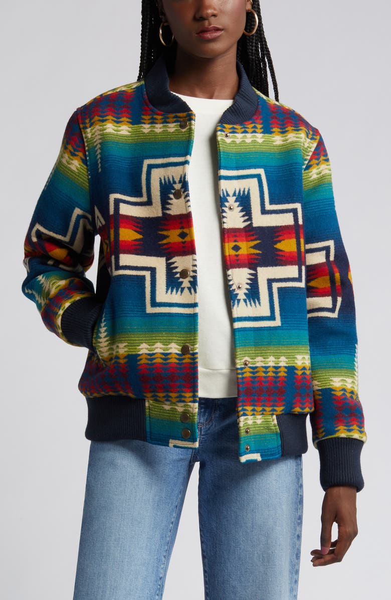 Pendleton Jacquard Virgin Wool Blend Bomber Jacket, Alternate, color,