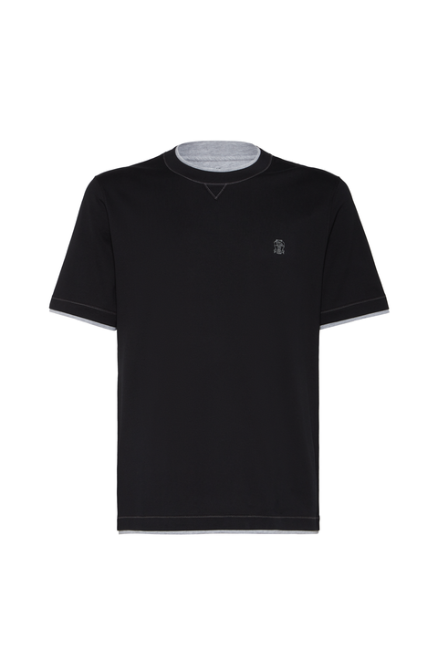 【送料&関税込】Brunello Cucinelli Crewneck T-shirt With Pat T-shirt with faux-layering for Man in Off-White | Brunello