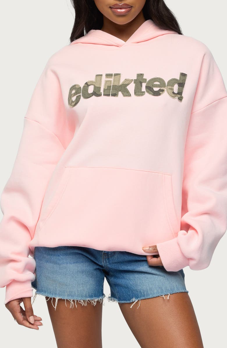 EDIKTED Camo Cutie Logo Oversize Hoodie, Main, color, Light-Pink