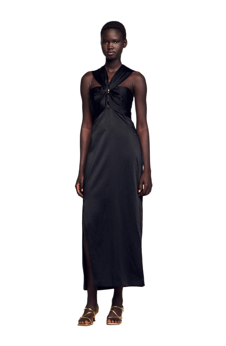 SANDRO Slit satin-effect maxi dress, Alternate, color, Black