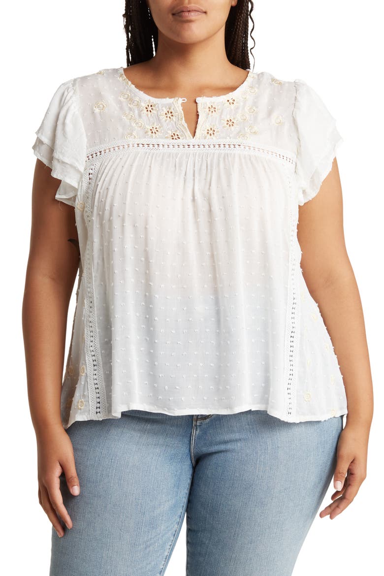 Flutter Sleeve Embroidered Swiss Dot Blouse, Main, color, WHITE