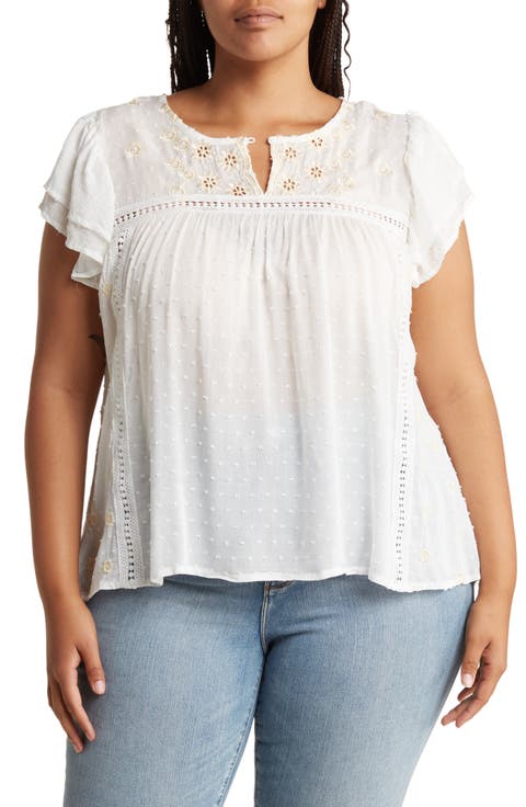 Flutter Sleeve Embroidered Swiss Dot Blouse (Plus)
