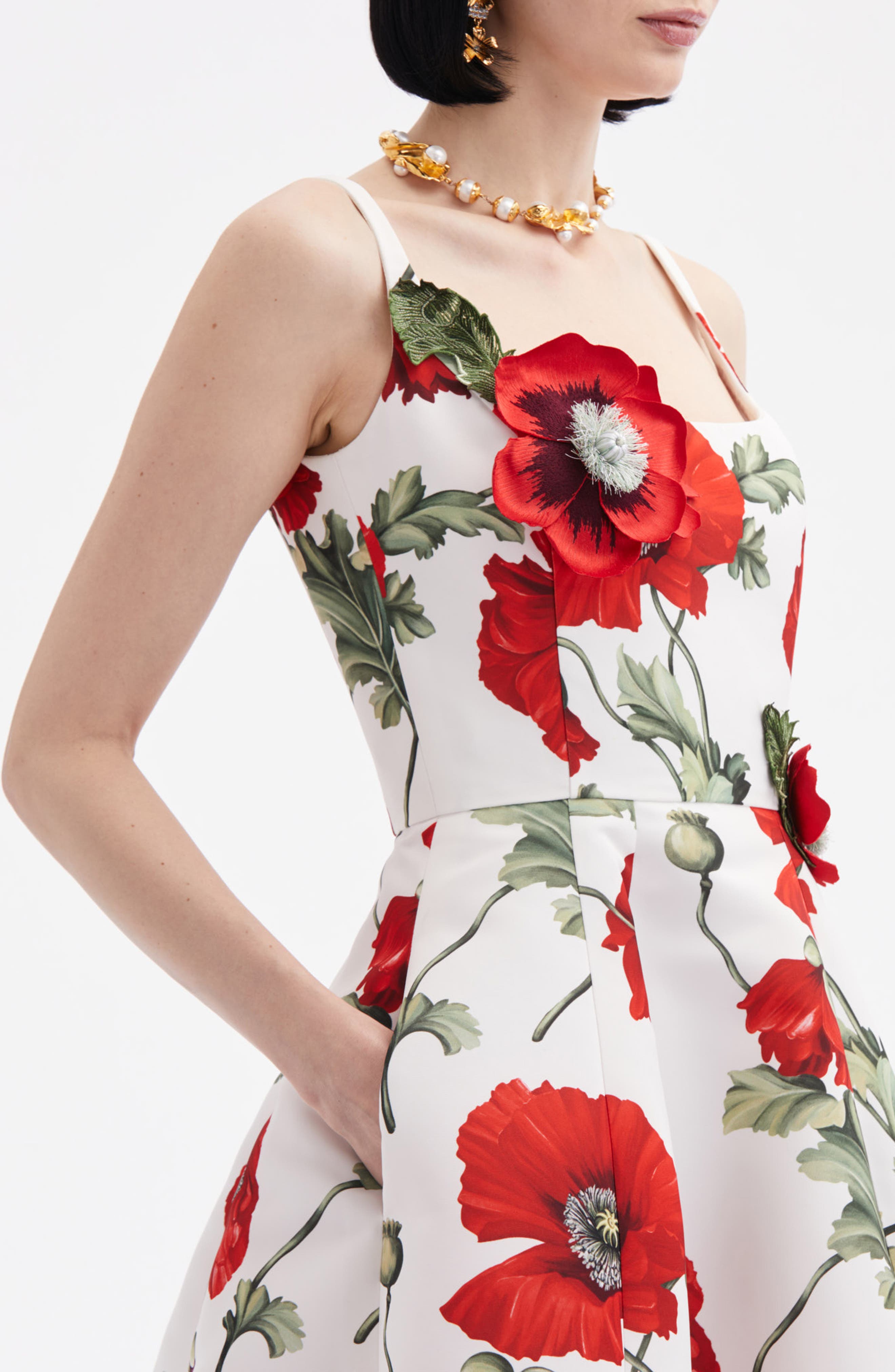 Oscar de la Renta Poppies Floral Appliqué Midi Dress (Women) | Nordstrom