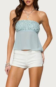 EDIKTED Beadie Strapless Chiffon Top
