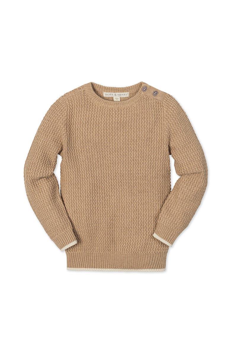 Hope & Henry Kids' Organic Long Sleeve Crewneck Sweater with Buttons, Alternate, color, Camel Heather Herringbone
