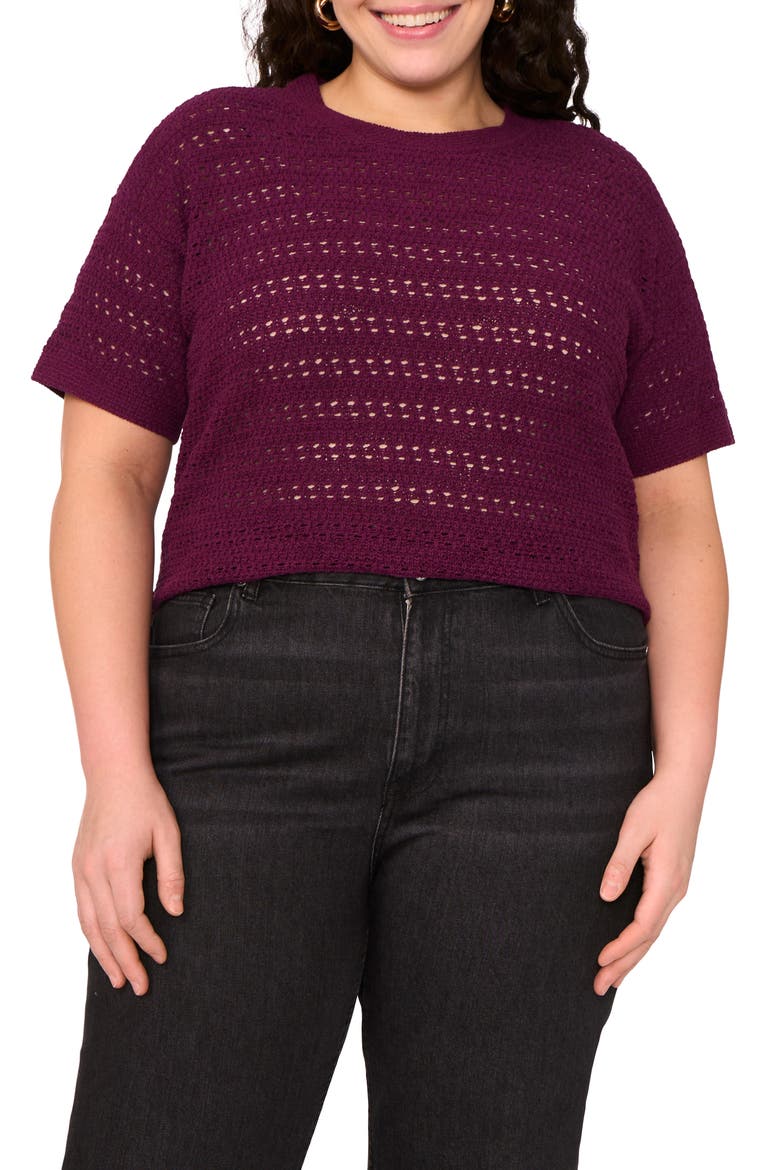 Open Stitch Short Sleeve Crewneck Sweater, Main, color, PICKLED BEET