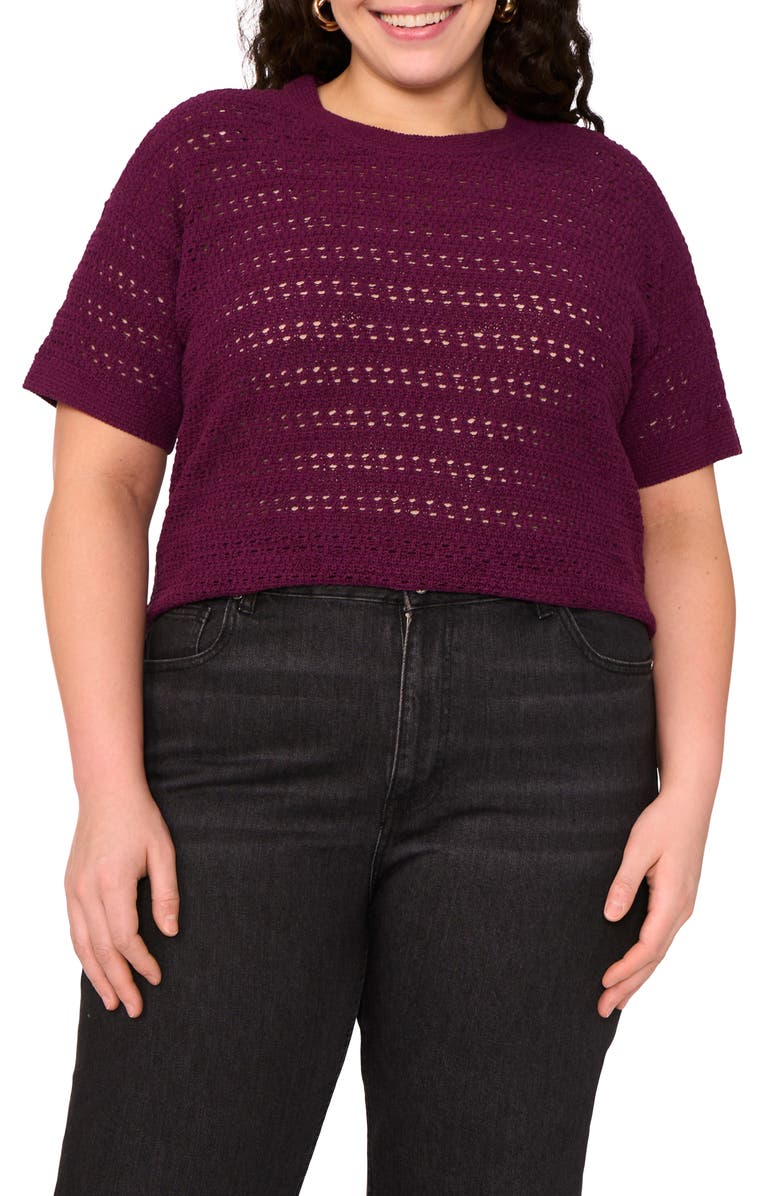 Vince Camuto Open Stitch Short Sleeve Crewneck Sweater, Main, color, Pickled Beet