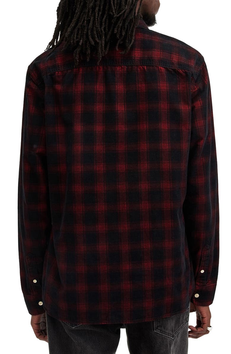 AllSaints Manray Plaid Cotton Corduroy Button-Up Shirt, Alternate, color, Machine Blue/Red