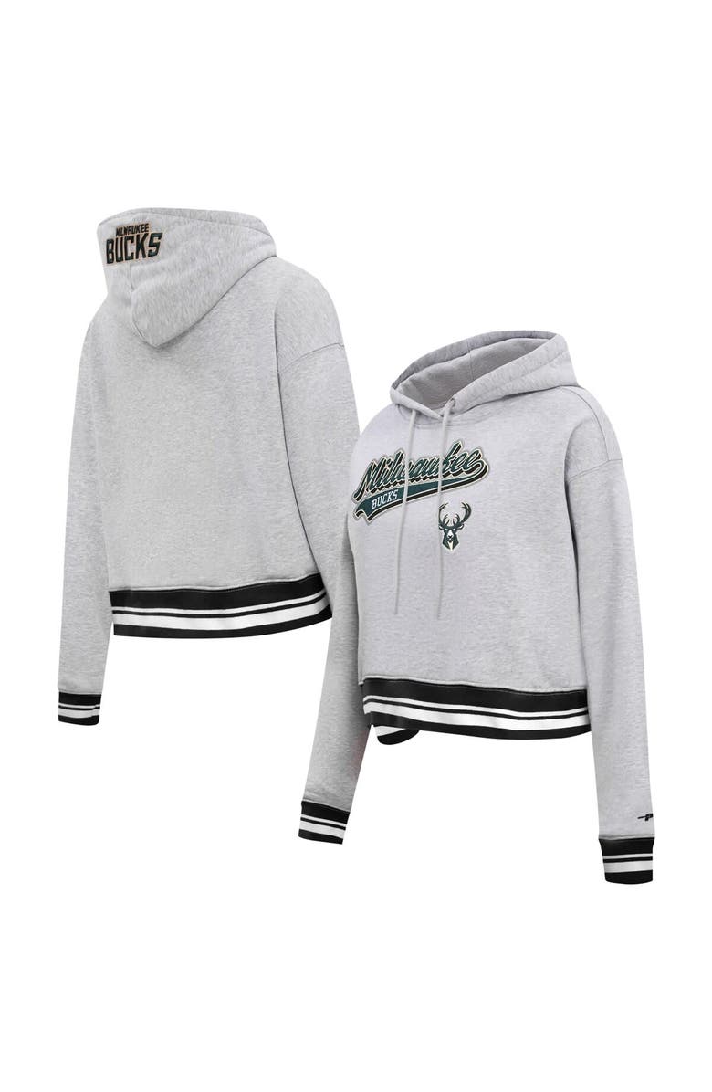PRO STANDARD Women's Pro Standard Heather Gray Milwaukee Bucks Script Tail Cropped Pullover Hoodie, Alternate, color, Heather Gray