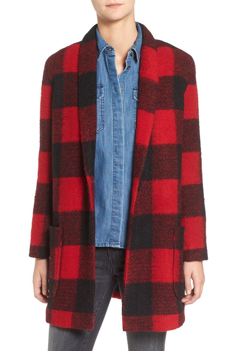 BB Dakota Holton Plaid Shawl Collar Coat, Main, color, RED