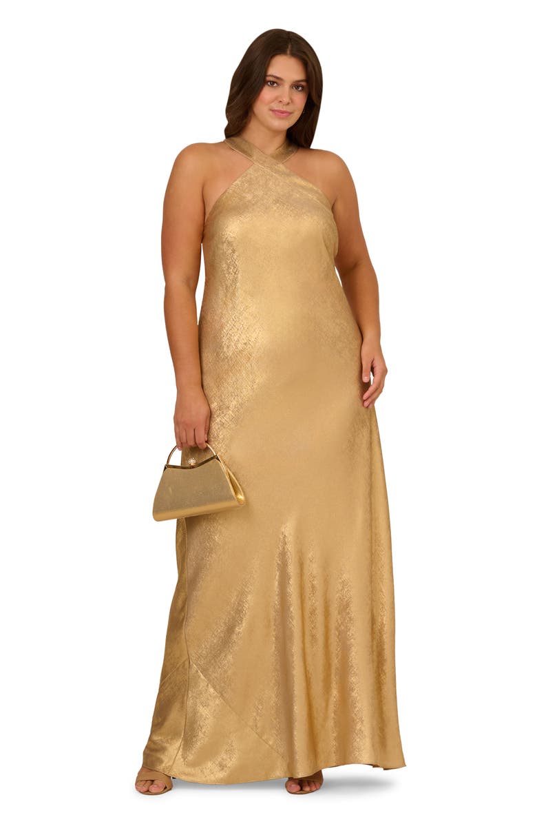 Adrianna Papell Foil Woven Halter Gown, Alternate, color, 