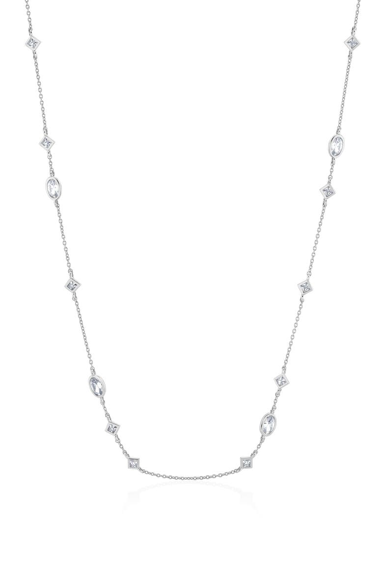 Princess & Oval Cubic Zirconia Station Chain Necklace, Main, color, PURE PLATINUM / CLEAR STONE