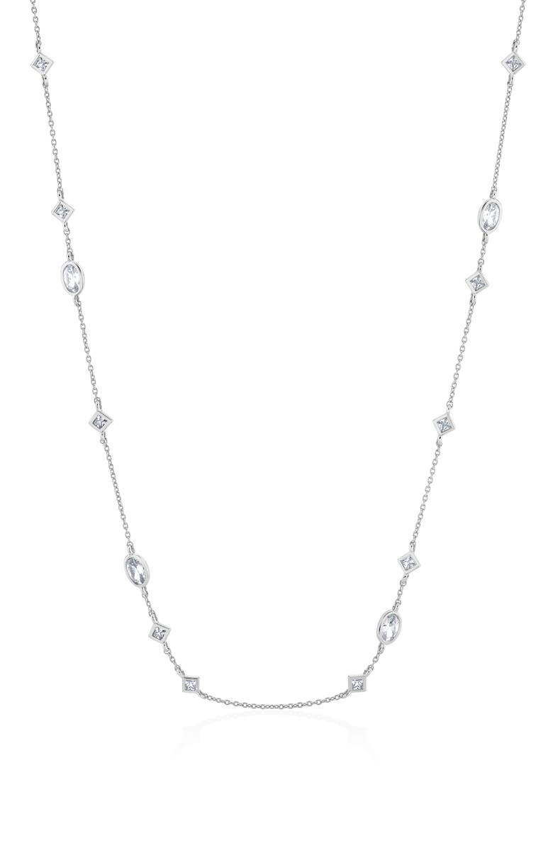 Crislu Princess & Oval Cubic Zirconia Station Chain Necklace, Main, color, Pure Platinum / Clear Stone
