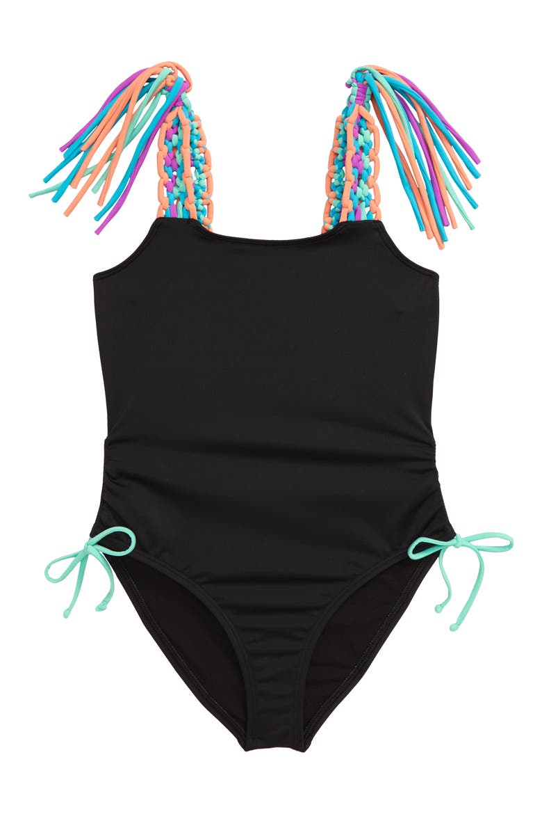 Macramé Strap One-Piece Swimsuit, Main, color, BLACK