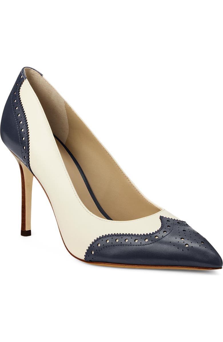 Ralph Lauren Lynden Perforated Pointed Toe Pump, Main, color, Vanilla/ Refined Navy