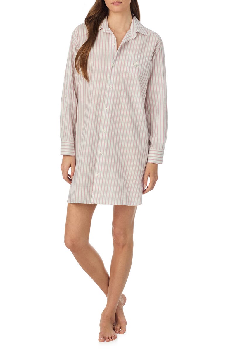 Lauren Ralph Lauren Print Cotton Blend Sleep Shirt, Main, color, Ivory Multi Stripe