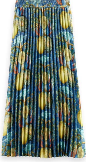 Mixed Print Pleated Satin Skirt
