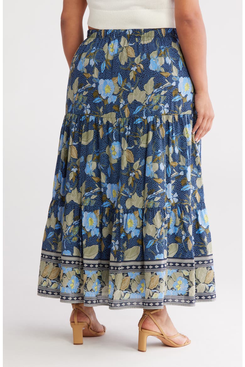 Print Tiered Maxi Skirt, Alternate, color, NAVY- OLIVE JACOBEAN BORDER