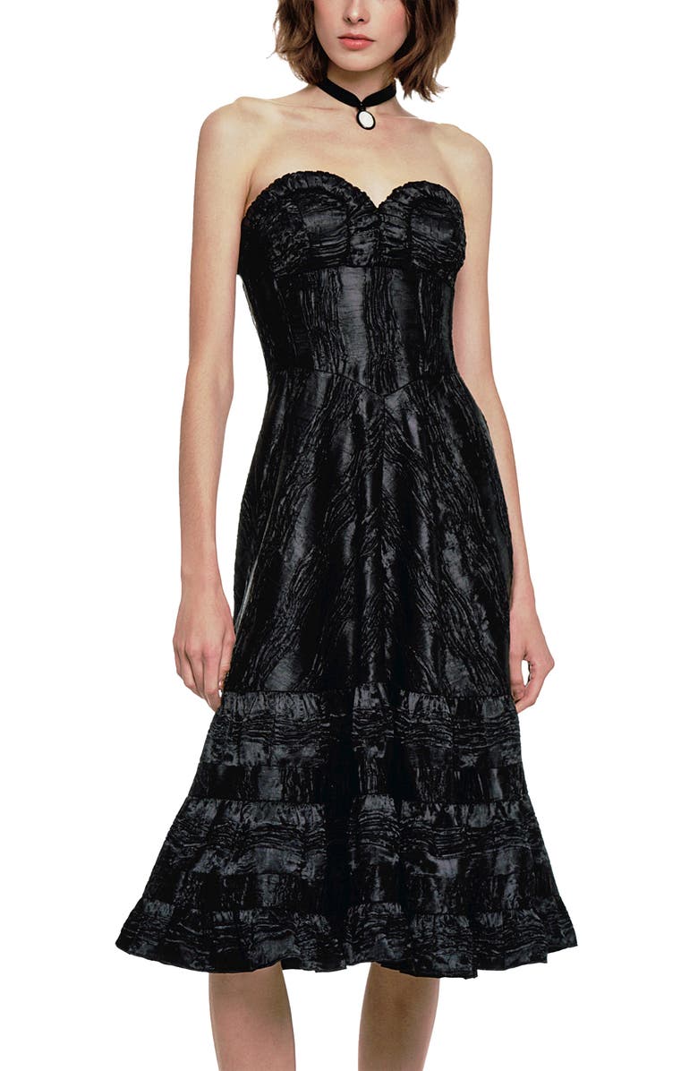 Anna Sui Crushed Satin Strapless Sweetheart Dress, Main, color, Black