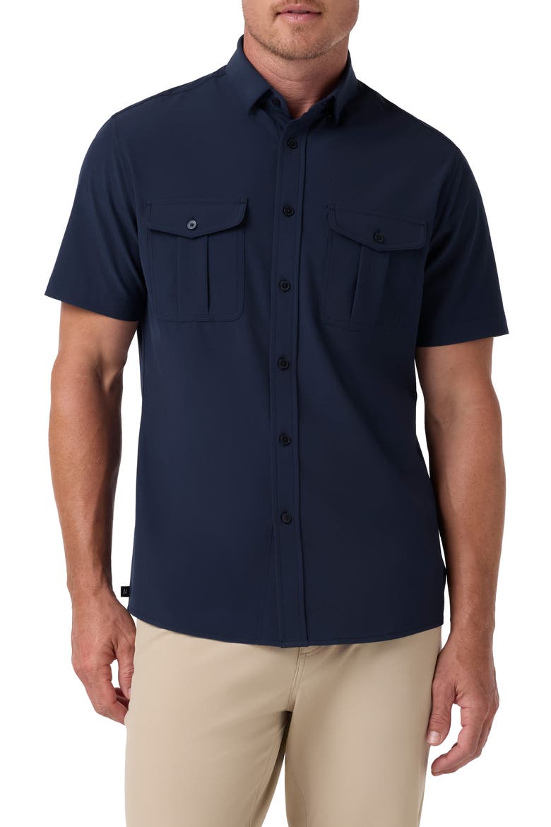 Leeward Tailgate Performance Short Sleeve Button Up Shirt, Main, color, NAVY