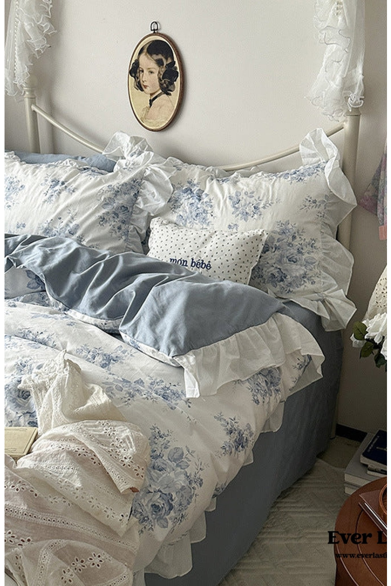 French Ruffle Floral Bedding Set, Alternate, color, Blue Floral / Flat