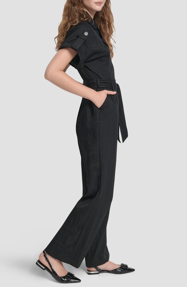 DKNY Twill Tie Waist Jumpsuit, Alternate, color, Black