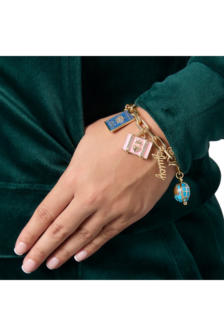 Travel Icons Charm Bracelet, Gold-Tone with Blue & Pink Enamel, Alternate, color, Gold Tone
