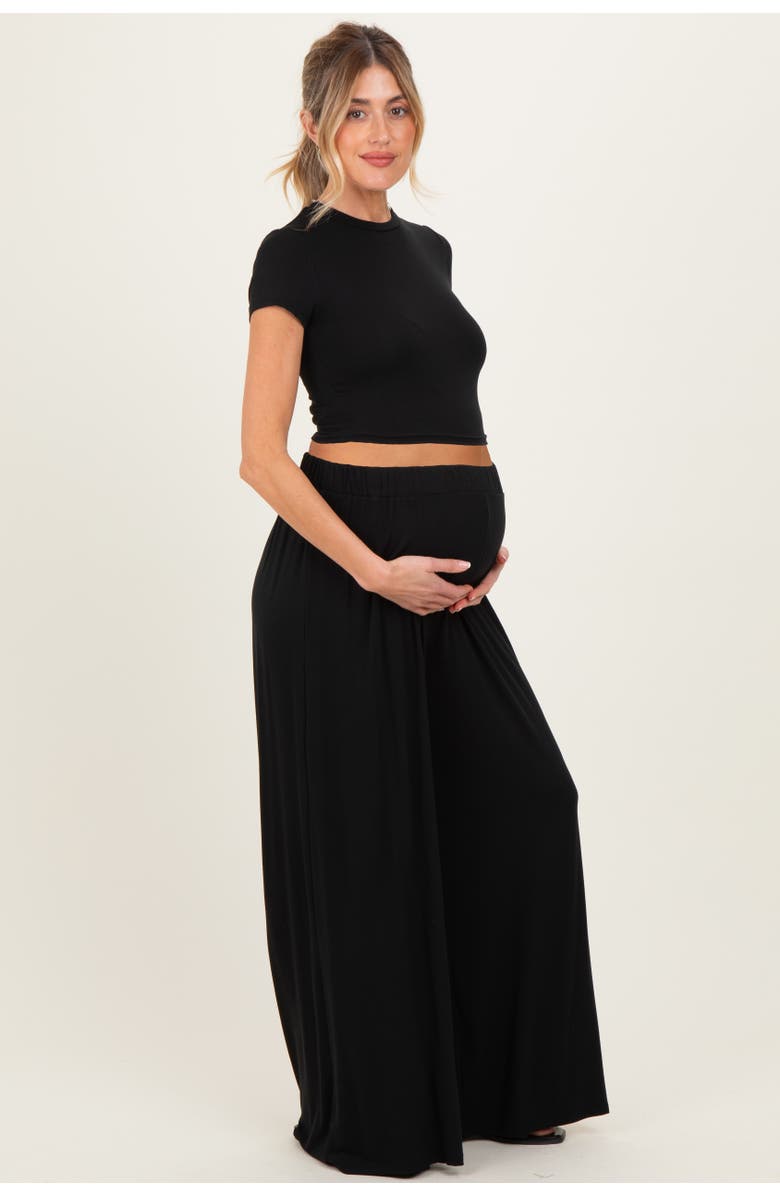 PinkBlush Short Sleeve Crop Top Wide Leg Pant Set, Alternate, color, Black
