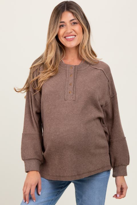 Oversized Ribbed Knit Henley Sweater