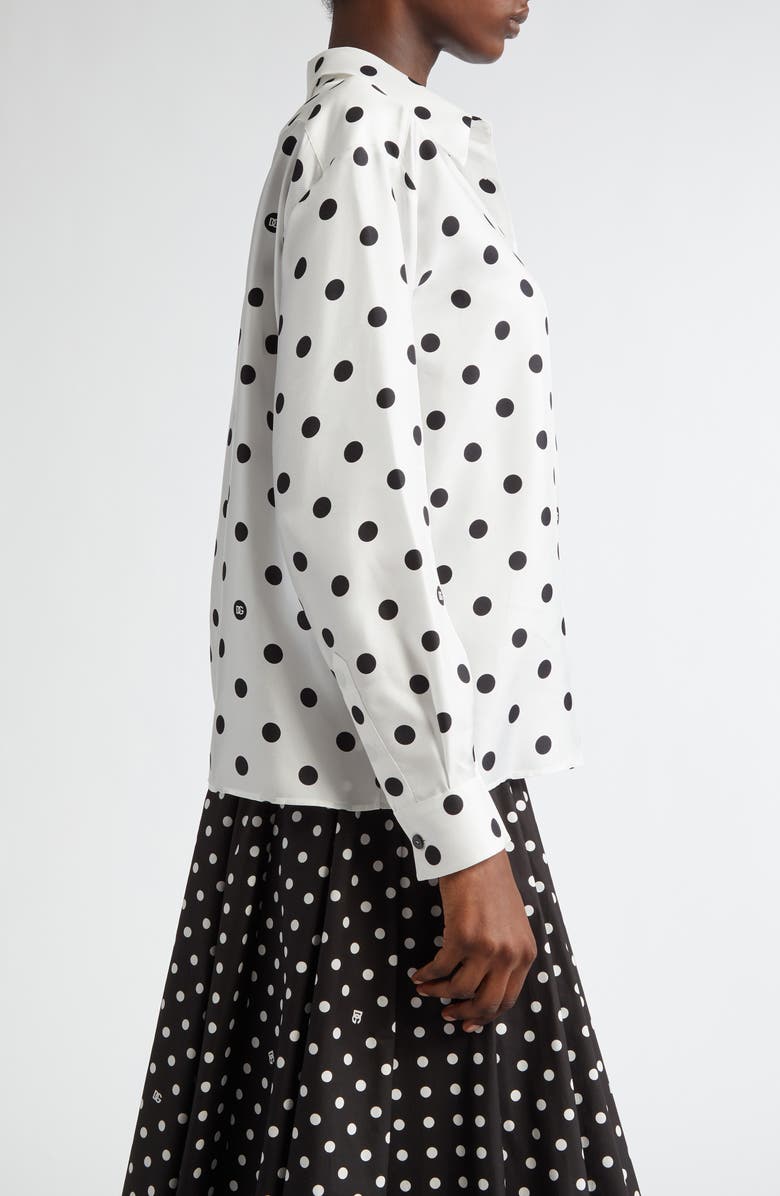 Dolce&Gabbana Polka Dot Silk Button-Up Shirt, Alternate, color, Bianco