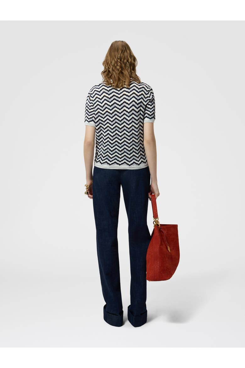 Short-sleeve Wool And Viscose Top With Wave Motif, Alternate, color, Blue& White