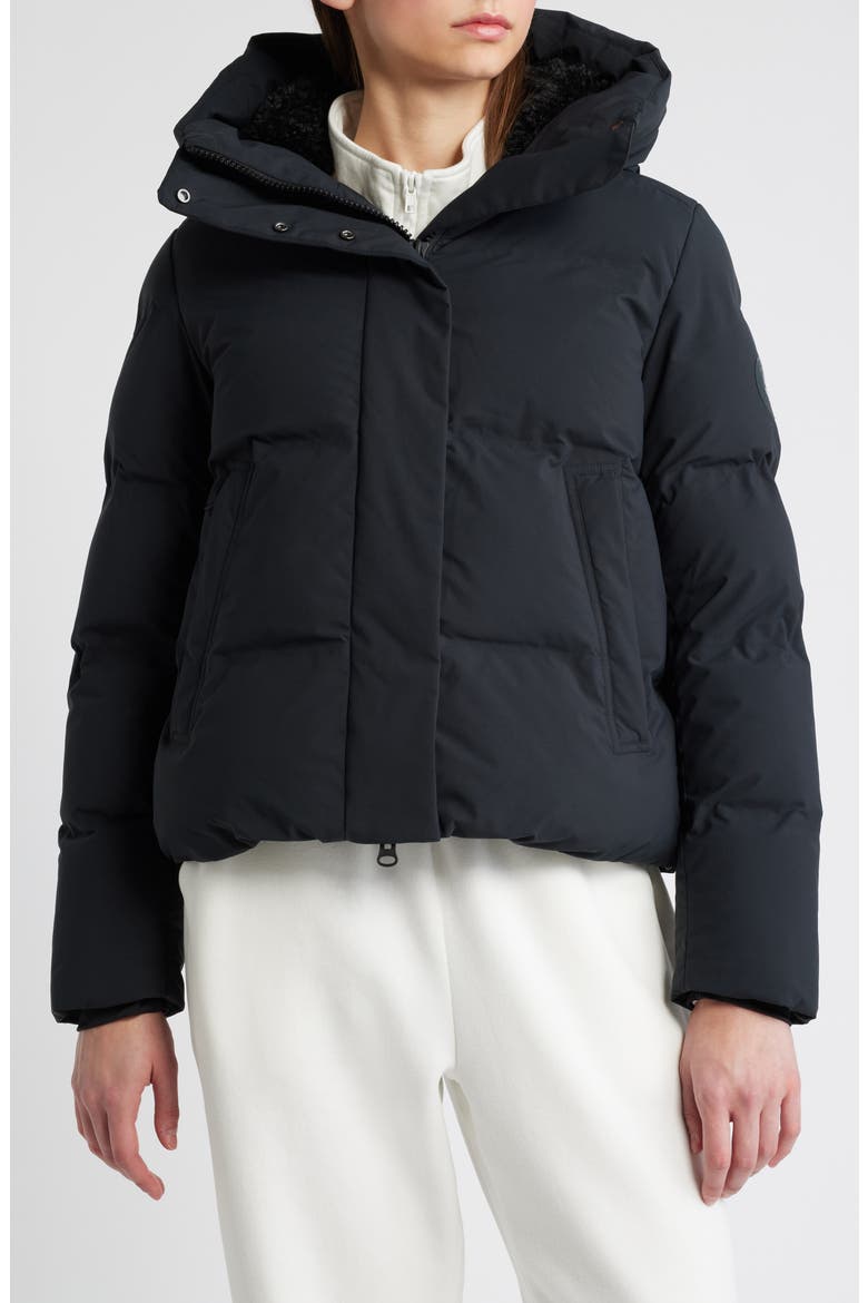 Calliope Water Resistant Faux Shearling Trim Puffer Jacket, Main, color, BLACK