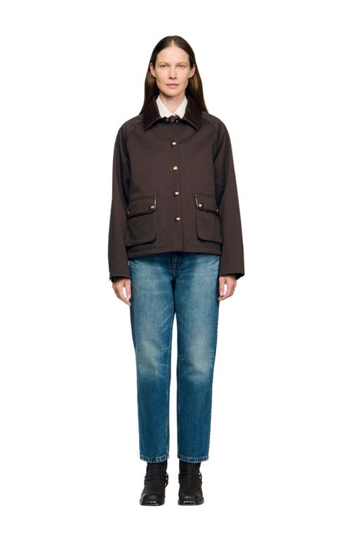 Sandro Womens Brown Gabardine Contrast-collar Cotton Coat In Multi