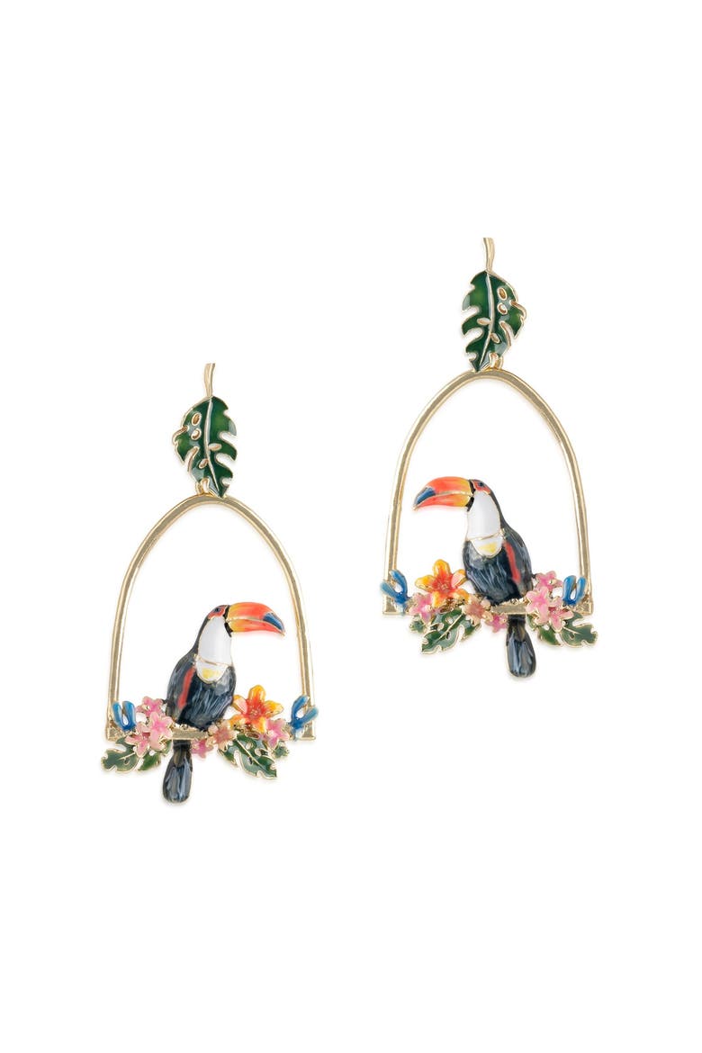 Toucan Hoop Drop Earrings, Main, color, Toucan