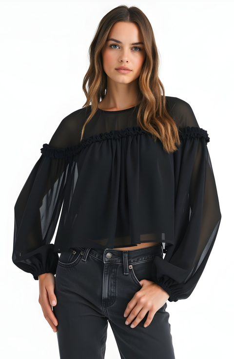 Sheer Long Sleeve Blouse with Ruffled Trim and Flowing Silhouette