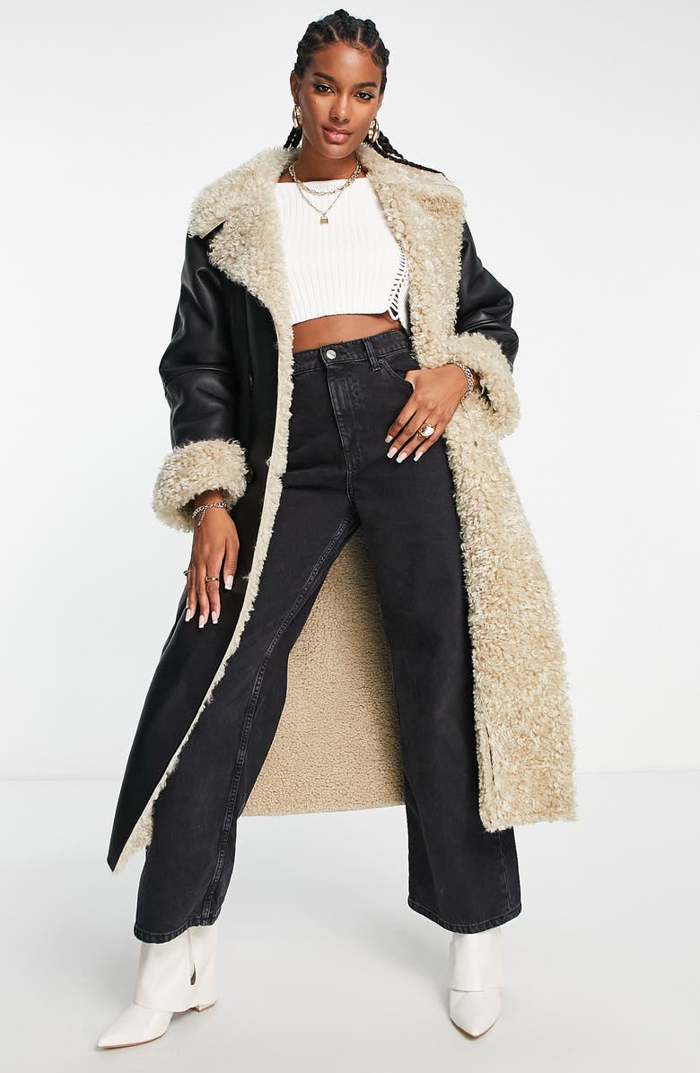 ASOS DESIGN Faux Leather & Faux Shearling Trench Coat, Main, color, 