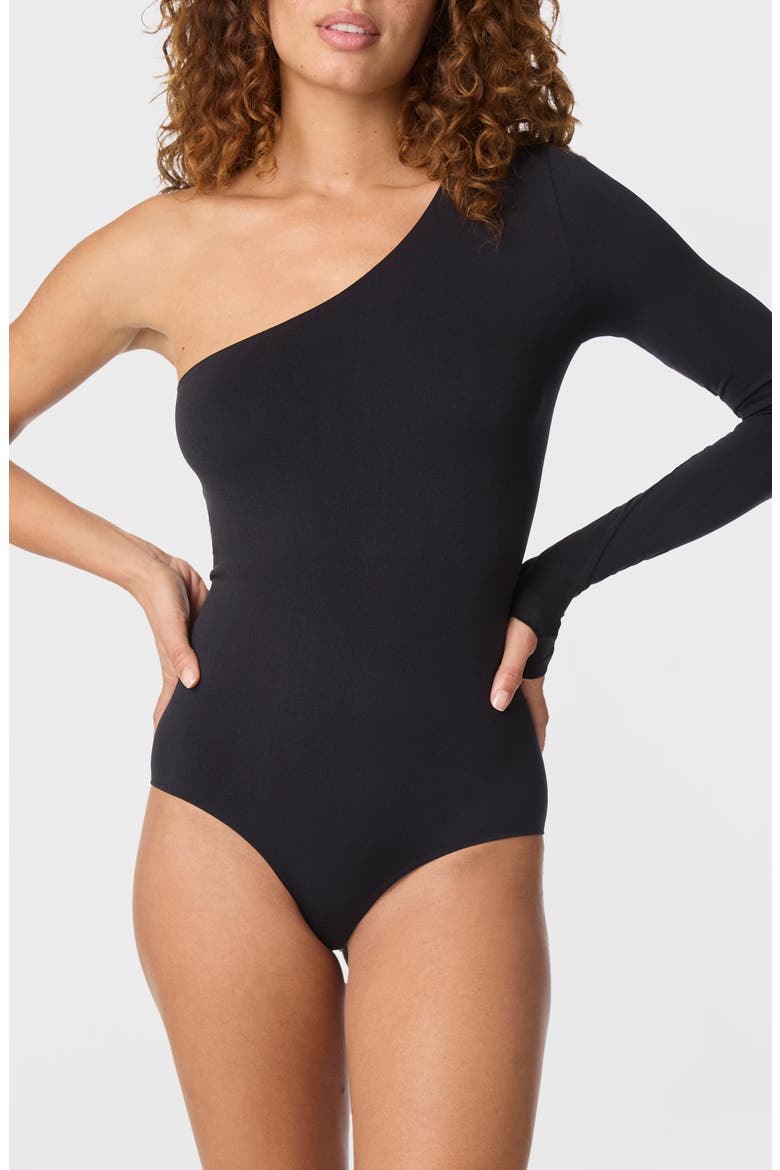 Prima One Shoulder Single Long Sleeve Bodysuit, Alternate, color, BLACK