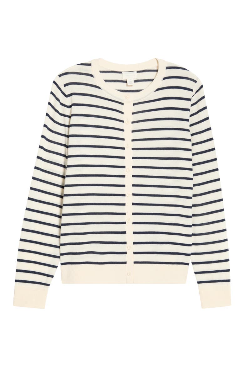 Merino Wool Blend Crewneck Cardigan, Alternate, color, IVORY- NAVY JOSEPHINE STRIPE