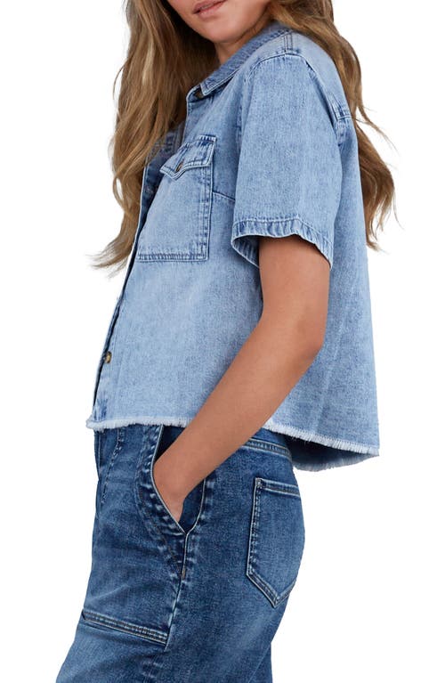 Hint Of Blu Emily Frayed Short Sleeve Denim Button-up Shirt In Morning Blue