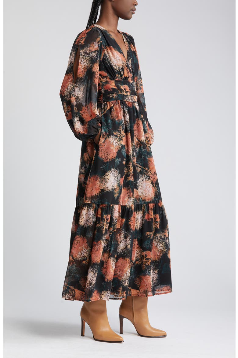 Split Long Sleeve Tiered Dress, Alternate, color, BLACK- RED WILLOW DRIFT