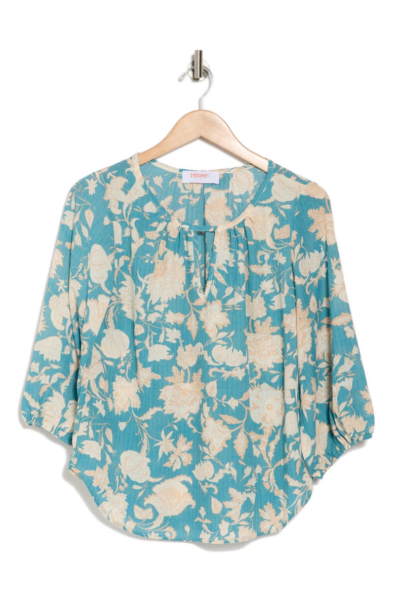 Floral Keyhole Balloon Sleeve Top, Alternate, color, BLUE